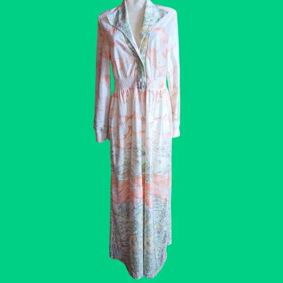 Vintage Boho Large Maxi Dress Disco Pastel Scenic Print 1970's Sears 38-40 Chest